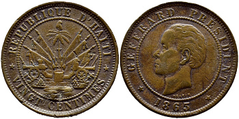 Гаити 20 сантимов 1863 Heaton, Президент Фабр Жеффрар KM 41 бронза 633-522