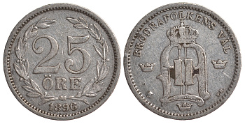 Швеция 25 эре 1896 EB, Оскар II (1872-1907) король Швеции и Норвегии KM 739 серебро 4179-823