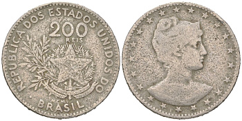 Бразилия 200 реалов 1901 MCMI, голова свободы вправо KM 504 медно-никель 4612-414