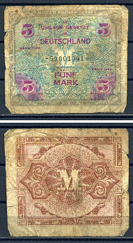 Германия 5 марок 1944 серия 59001041 (8-ми серийный номер), без кода принтера, русская печать Pick 193 d  бумага   8601-24-3-1