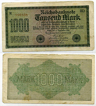 ГЕРМАНИЯ 1000 МАРОК 1922 15 СЕНТЯБРЯ 1922, ВОДЯНОЙ ЗНАК F, БЕЛАЯ БУМАГА Pick 76c бумага 7203-16-1