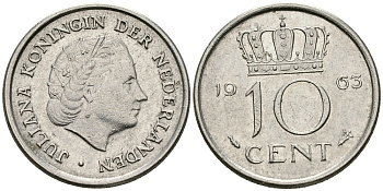НИДЕРЛАНДЫ 10 ЦЕНТОВ 1963 ЮЛИАНА KM 182 никель 96-359