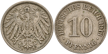 Германия 10 пфеннигов 1913 A J. 13,  KM 12 медно-никель    4603-734