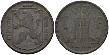 Бельгия 1 франк 1943 Belgique - Belgie, Леопольд III (1934-1947), германская оккупация, Вторая мировая война KM 127 цинк 4161-527
