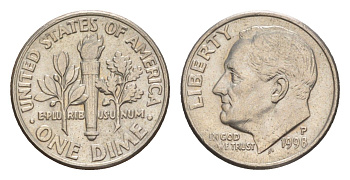 США 1 дайм (10 центов) 1998 P, президент Рузвельт KM 195a медь плакированная медно-никелем 4649-1256