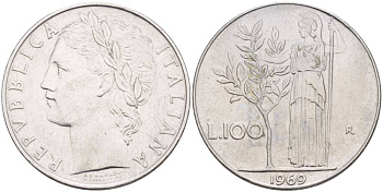 ИТАЛИЯ 100 ЛИР 1969 R, АФИНА У ОЛИВКОВОГО ДЕРЕВА KM 96.1 нержавеющая сталь 4545-642