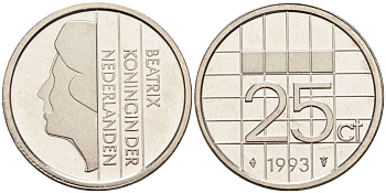Нидерланды 25 центов 1993 Беатрикс (1980-2013) KM 204 никель UNC 4588-924