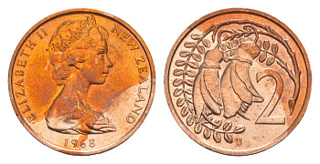 Новая Зеландия 2 цента 1968 тираж 35.000 экземпляров KM 32 бронза BU 4651-158