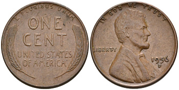 США 1 цент 1956 D, Линкольн KM А132 медь цинк 4564-257