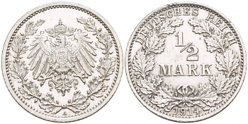 ГЕРМАНИЯ 1/2 МАРКИ 1914 А KM 17 J.16 серебро 4549-769