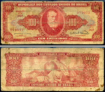 Бразилия 100 крузейро 1963 Соединённые Штаты Бразилии Pick 180 бумага 7148-3-2-2