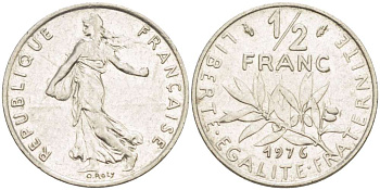 ФРАНЦИЯ 1/2 ФРАНКА 1976 СЕЯТЕЛЬ KM 931.1, LE FRANC 198.15 никель 4519-831