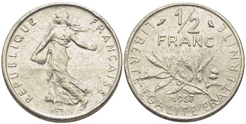 ФРАНЦИЯ 1/2 ФРАНКА 1967 СЕЯТЕЛЬ KM 931.1, LE FRANC 198.6 никель 175-934