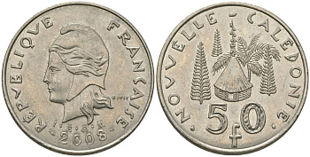 Французская Новая Каледония 50 франков 2008 хижина среди сосен и пальм, (IEOM) KM 13a, Schoen 15a, Lec 128i медно-никель 114-344