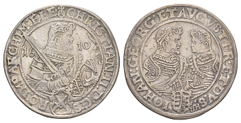 Саксония, Альбертинская линия 1 талер 1610 Кристиан II, Иоган Георг I и Август - Три брата KM 24, Davenport 7566, Schnee 760 серебро 00-805-21