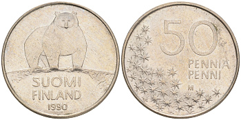 Финляндия 50 пенни 1990 M, полярный медведь KM 66 медно-никель 4528-657