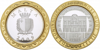 Мальта 10 евро 2009 серия культурное наследие, дворец Кастеллания, евроколлекция Нидерландского монетного двора KM 133 серебро PROOF 1068-9-13