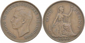 Великобритания 1 пенни 1946 Георг VI (1936-1952) KM 845, Spink 4114 бронза 215-334