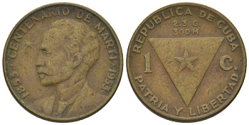 Куба 1 сентаво 1953 100 лет со дня рождения Хосе Марти KM 26, JMA 7, Y 20, Schoen 24 латунь 4611-1214