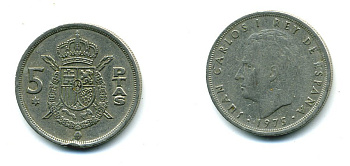 ИСПАНИЯ 5 ПЕСЕТ 1975 (76) ХУАН КАРЛОС I KM 807 медно-никель 54-1251