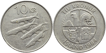 Исландия 10 крон 1984 РЫБЫ KM 29.1 медно-никель 3334-815