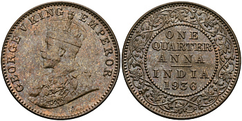 Британская Индия 1/4 анна 1936 Георг V (1910-1936) KM 512 бронза UNC 94-236