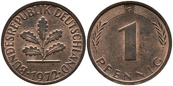 ФРГ 1 пфенниг 1972 G KM 105, J.380 сталь плакированная медью 99-323