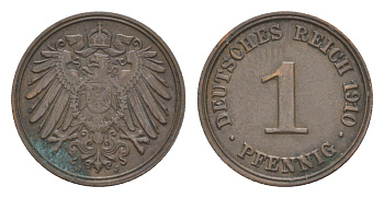 Германия 1 пфенниг 1910 J, Вильгельм II (1888-1918) KM 10, J. 10 медь 4639-1139