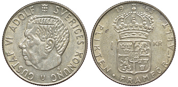 Швеция 1 крона 1963 U, Густав VI Адольф (1950-1973) KM 826 серебро 4178-454