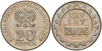 Польша 20 злотых 1974 MW, 25 лет Совету экономической взаимопомощи KM 70, Parchimowicz 247 медно-никель UNC 97-116
