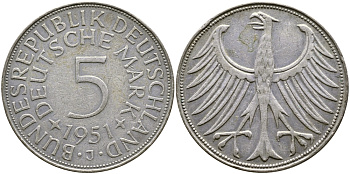 ФРГ 5 марок 1951 J (Гамбург), J. 387, KM 112.1 серебро 4680-132