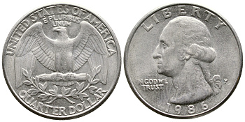 США 25 ЦЕНТОВ = КВОТЕР 1986 P, ВАШИНГТОН KM А164а медь плакированная медно-никелем 23-232
