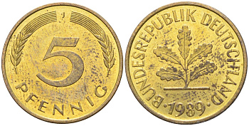 ФРГ 5 пфеннигов 1989 J KM 107, J.382 сталь плакированная латунью 4174-753