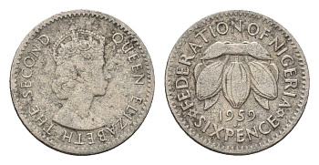 Нигерия 6 пенсов 1959 год-тип KM 4 медно-никель 4674-832