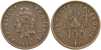 Французская Новая Каледония 100 франков 1991 хижина среди сосен и пальм, (IEOM) KM 15, Schoen 16, Lec 136 никель латунь 4140-114