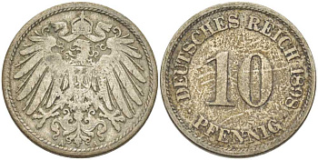 ГЕРМАНИЯ 10 ПФЕННИГОВ 1898 A KM 12, J. 13, Weege 8 медно-никель 261-1323