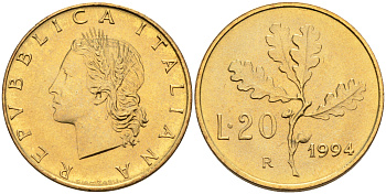 Италия 20 лир 1994 R, дубовый лист KM 97.2 алюминиевая бронза  UNC  4594-913