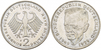 ФРГ 2 МАРКИ 1990 F, КУРТ ШУМАХЕР KM 149, J. 424 медно-никель плакированный никелем 3718-955
