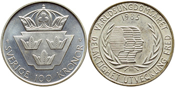 Швеция 100 крон 1985 Карл XVI Густав (1973- ), Международный год молодежи KM 864 серебро UNC 1072-5-31