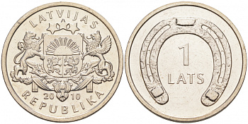 Латвия 1 лат 2010 подкова вниз KM 118 медно-никель UNC M18-02