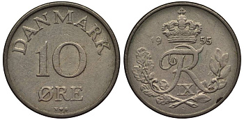 ДАНИЯ 10 ЭРЕ 1955 N; S, ФРЕДЕРИК IX (1947-1972) KM 841.1 медно-никель 4549-869