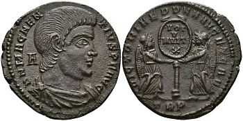 Римская Империя майорина 351 Магненций VICTORIAE DD NN AVG ET CAES VOT V MVLT X Августа Треверов Extremely fine RIC 307 бронза 1073-10-115