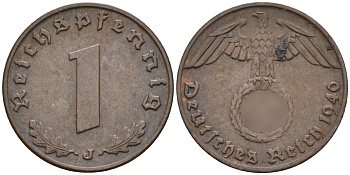 Германия 1 рейхспфенниг 1940 J KM 89, J. 361 бронза 4147-1234
