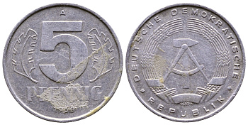 ГДР 5 пфеннигов 1968 А КМ 9.1 алюминий 4110-1762