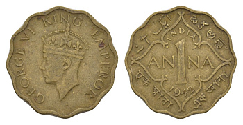 Индия 1 анна 1942 без отметки монетного двора	 - Калькутта KM 537a никель латунь 4625-766