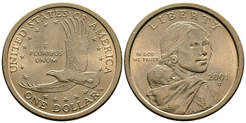 США 1 доллар 2000 Р, индианка Сакагавея KM 310 медь с марганцево-латунным покрытием UNC 29-433