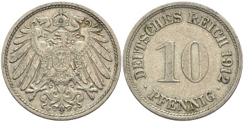 ГЕРМАНИЯ 10 ПФЕННИГОВ 1912 F KM 12, J. 13 медно-никель 210-711