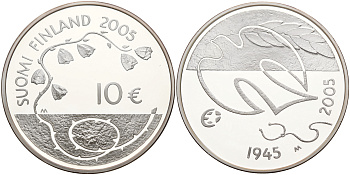Финляндия 10 евро 2005 60 лет мира в Европе, голубь мира KM 120 серебро PROOF 11-183-12