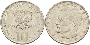 ПОЛЬША 10 ЗЛОТЫХ 1984 MW, БОЛЕСЛАВ ПРУС KM 73 медно-никель 213-826