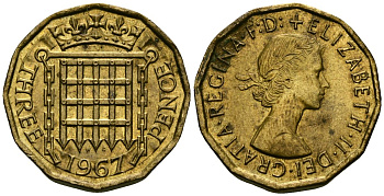 Великобритания 3 пенса 1967 Елизавета II (1952-2022) KM 900, Spink 4153 никель латунь 25-2325